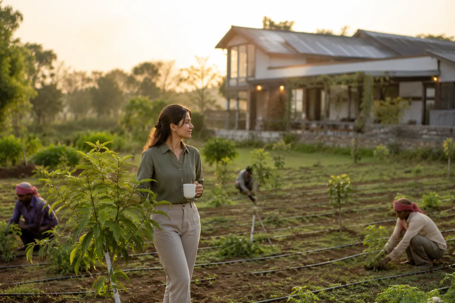 A plot owner walking her managed farm while the team works the field