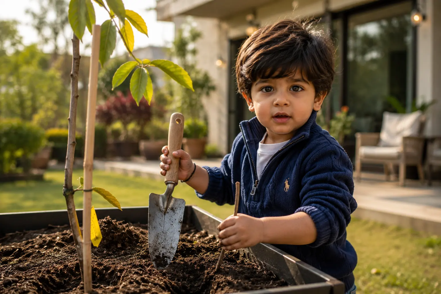 A child planting a sapling at the weekend farm home