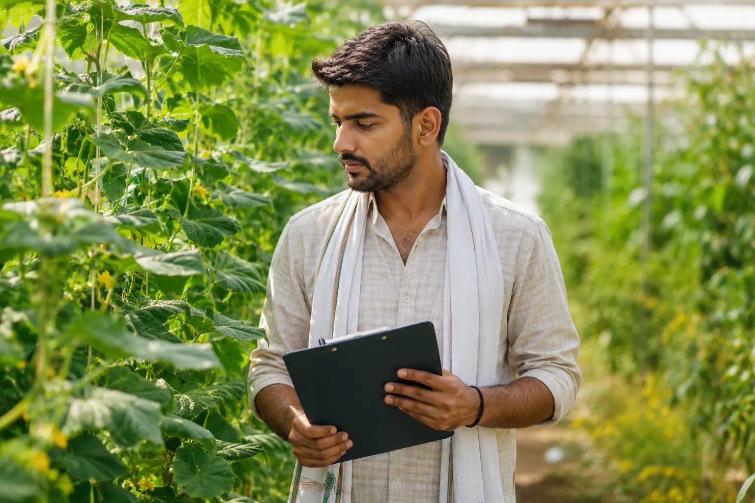 A Shubh Life farm manager checking the crop on a managed plot
