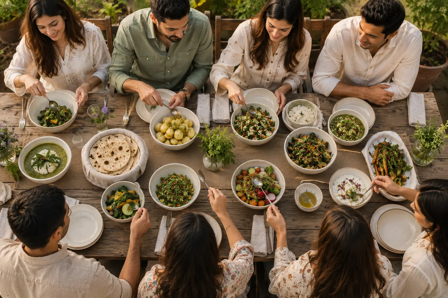 A family gathered for a meal at an outdoor farm table