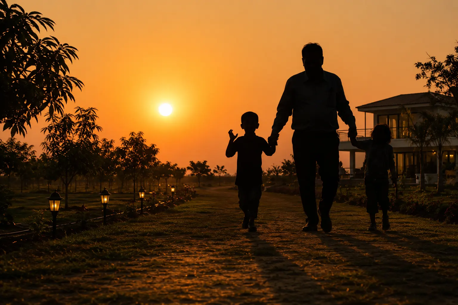 A father and his children walking their farmland at sunset
