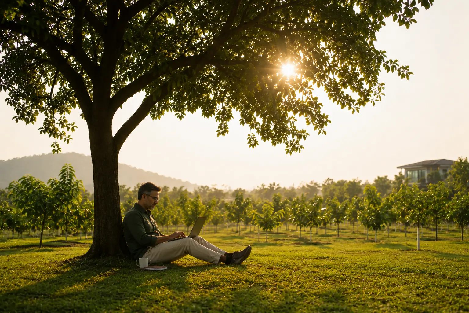 A plot owner relaxing with his laptop under a tree on his own farmland