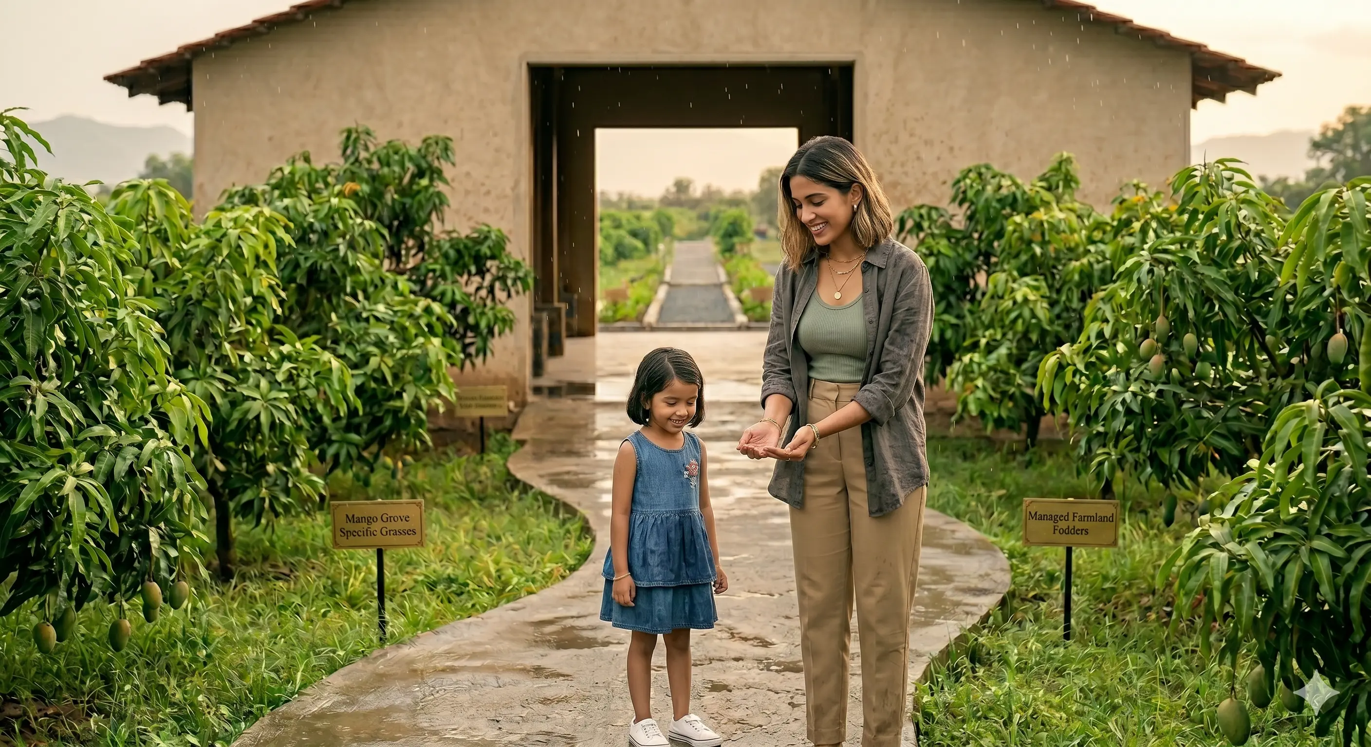 A mother and daughter walking the grove path on their family plot