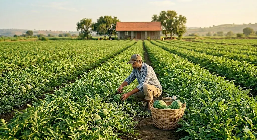 Farm workers harvesting watermelons for local markets